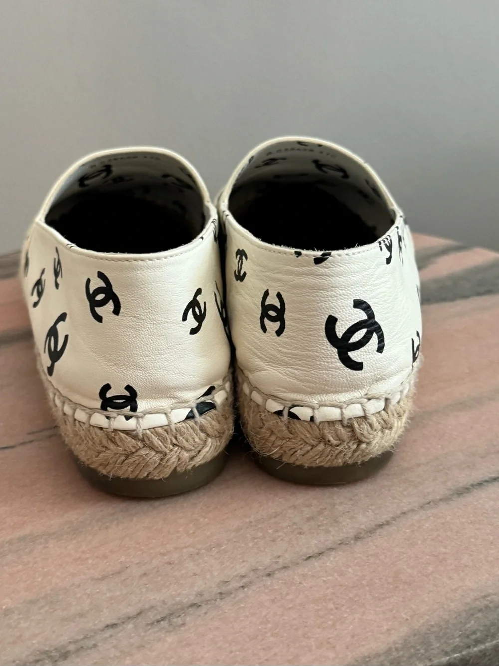 CHANEL Cream Espadrilles with Black Toe Caps and Logo Print